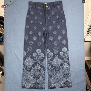 Maeve Anthropologie The Colette Wide Leg Crop Pants Indigo Floral Damask 29